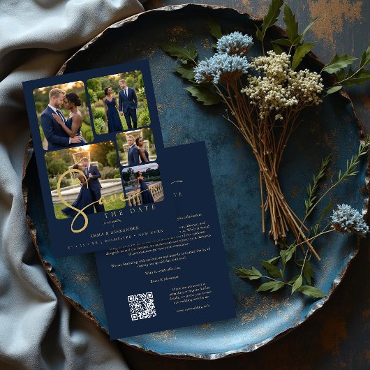 Save The Date Modern Collage 5-Photo Wedding Navy Blue