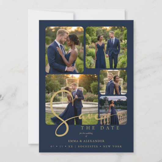 Save The Date Modern Collage 5-Photo Wedding Navy Blue (Devant)