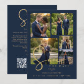 Save The Date Modern Collage 5-Photo Wedding Navy Blue (Devant / Derrière)