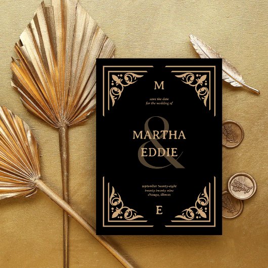 Save The Date Modern Deco | Black and Gold Photo Back Wedding
