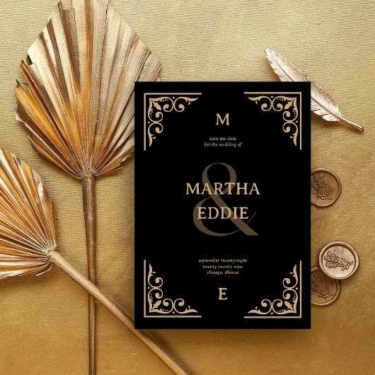 Save The Date Modern Deco | Black and Gold Photo Back Wedding