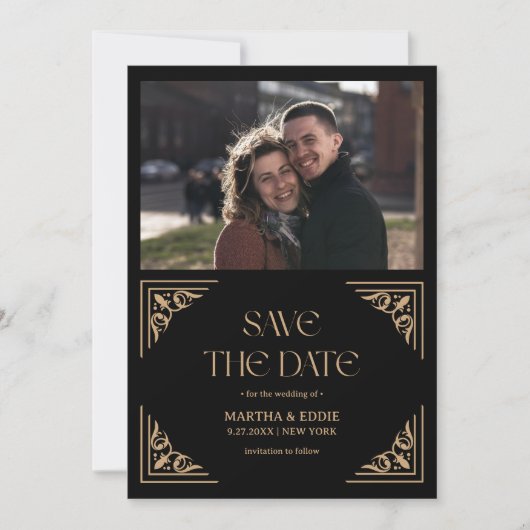 Save The Date Modern Deco | Faux Gold and Black Photo Wedding (Devant)