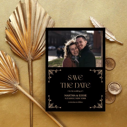 Save The Date Modern Deco | Faux Gold and Black Photo Wedding