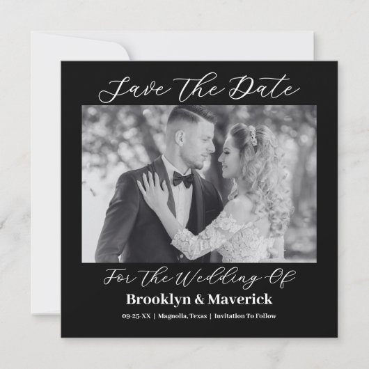 Save The Date Modern Elegant Script Black White Wedding Photo (Devant)