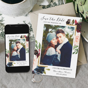 Save The Date Modern Frame Burgundy Blush Floral Photo