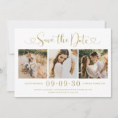 Save The Date Modern Gold Heart Script 3 Mariage photo Collage (Devant)
