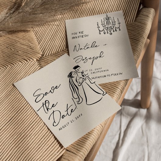 Save The Date Modern Hand Written Drawn Couple Wedding Fun
