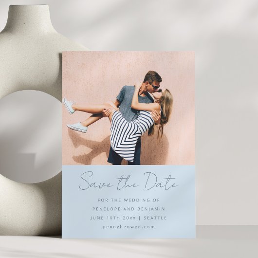 Save The Date Modern Handwritten Soft Blue Wedding Photo