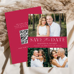 Save The Date Modern Magenta 3 Photo QR Code<br><div class="desc">Elegant, multi-photo save the date featuring "Save the Date" displayed in white lettering with a magenta background. Personalize the modern QR save the date card with 3 of your favorite photos, your names, wedding date, and wedding location. The magenta save the date reverses to display your custom QR code with...</div>