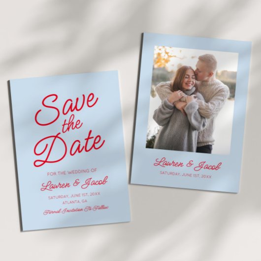 Save The Date Modern Minimal Minimalist Blue and Red Wedding