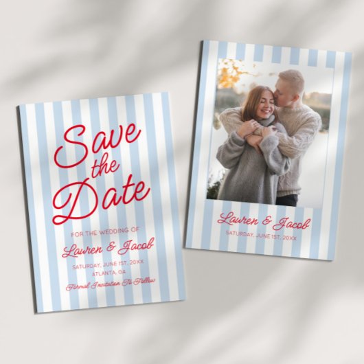 Save The Date Modern Minimalist Blue and Red Stripes Wedding