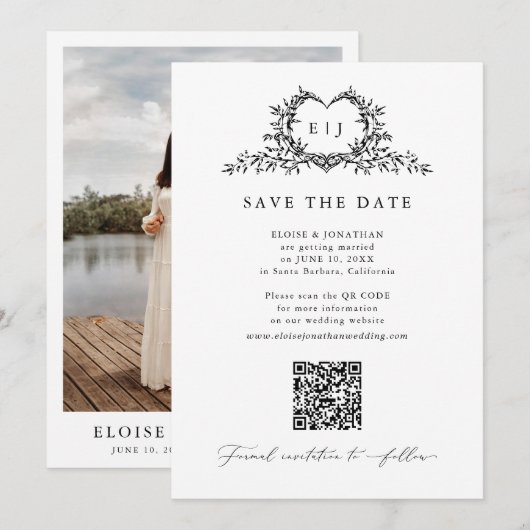 Save The Date Modern Minimalist Calligraphy Crest monogram Photo (Devant / Derrière)