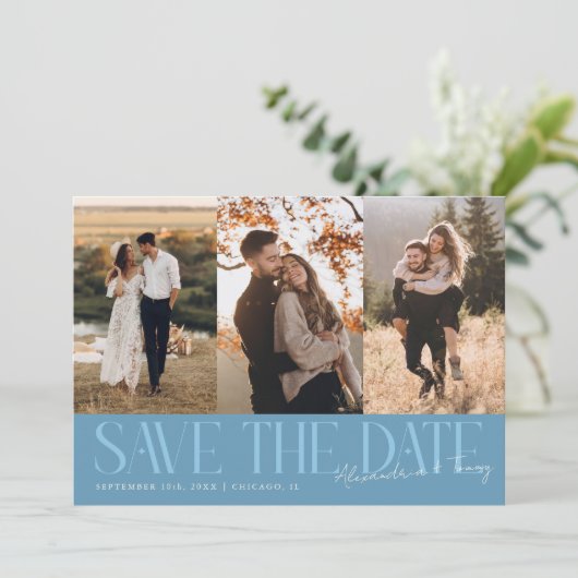 Save The Date Modern Multi Photo Couple's Signature Denim Blue (Debout devant)