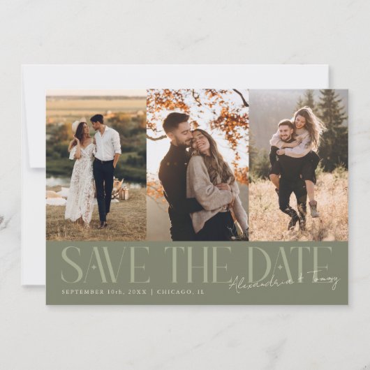 Save The Date Modern Multi Photo Couple's Signature Sage Green (Devant)