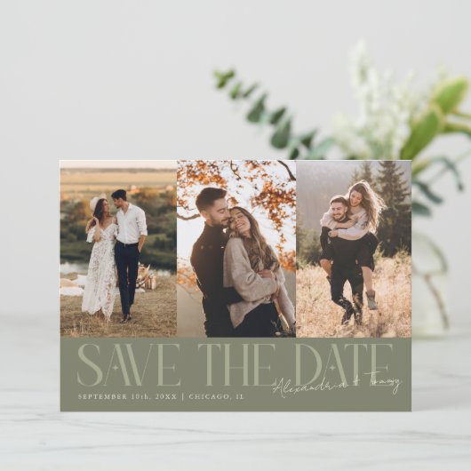 Save The Date Modern Multi Photo Couple's Signature Sage Green (Debout devant)