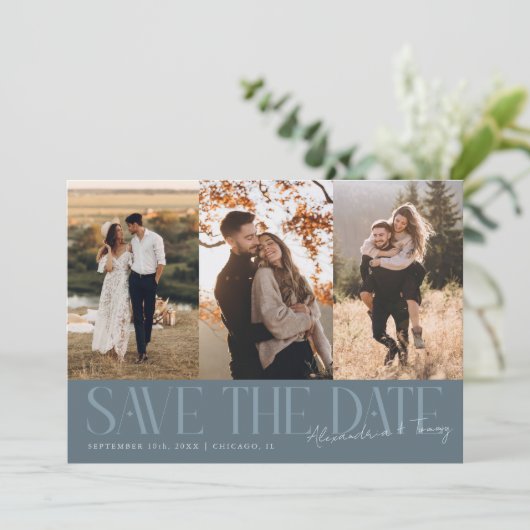 Save The Date Modern Multi Photo Couple's Signature Slate Blue (Debout devant)
