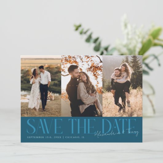 Save The Date Modern Multi Photo Couple's Signature Teal (Debout devant)