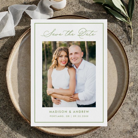 Save The Date Modern Olive Green Border Script Photo Wedding