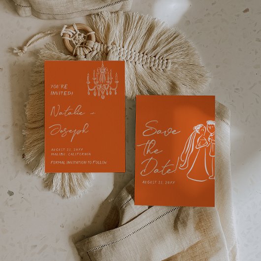 Save The Date Modern Orange Hand Drawn Retro Summer Wedding 