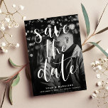 Save The Date Modern Overlay Black & White Photo<br><div class="desc">A modern save the date card featuring "save the date" in a fresh handwritten script, overlaid in white on your black and white vertical or portrait oriented photo. Add your names, wedding date and location beneath. Cards reverse to a white floral outline pattern with space to include your wedding website...</div>