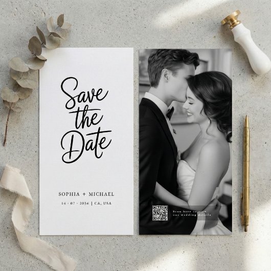 Save The Date Modern QR Code Elegant Script Photo Wedding