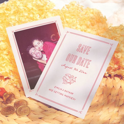Save The Date Modern Quirky Retro Hand Drawn Cupid Photo Wedding