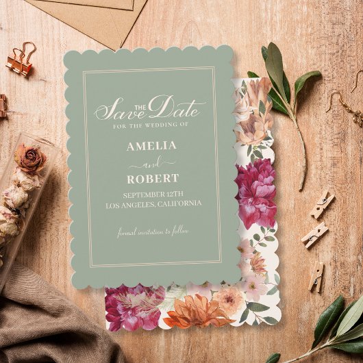 Save The Date Modern sage green floral fall wedding 