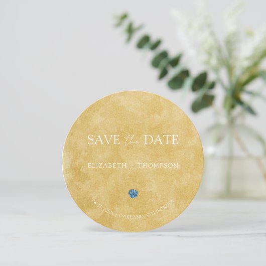 Save The Date Modern Sand Blue Hydrangea Round Wedding (Debout devant)