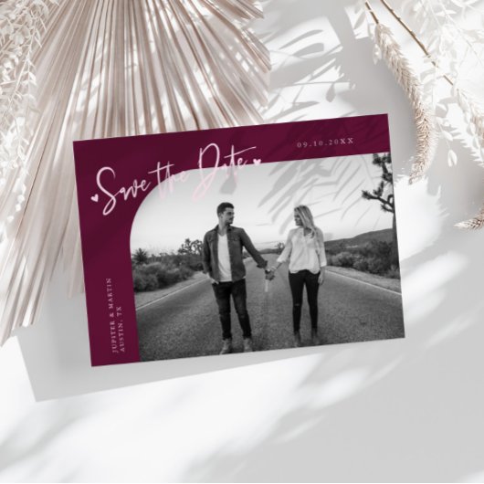 Save The Date Modern Script Heart Cranberry Curved Frame Photo