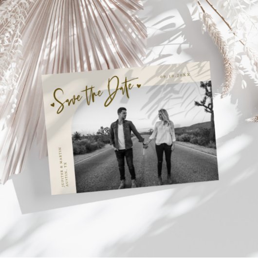 Save The Date Modern Script Heart Cream Curved Frame Photo