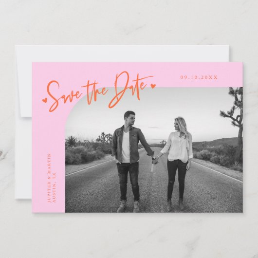 Save The Date Modern Script Heart Orange Pink Curved Frame Photo (Devant)