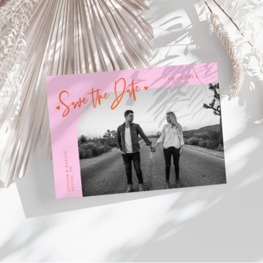 Save The Date Modern Script Heart Orange Pink Curved Frame Photo