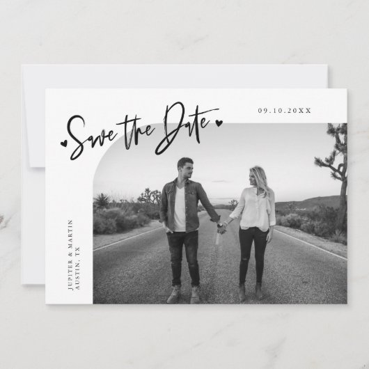 Save The Date Modern Script Heart White Curved Frame Photo (Devant)