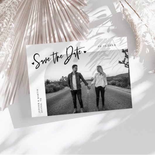 Save The Date Modern Script Heart White Curved Frame Photo