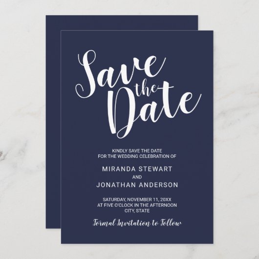 Save The Date Modern Script Marine Blue Wedding Enregistrer la d (Devant / Derrière)