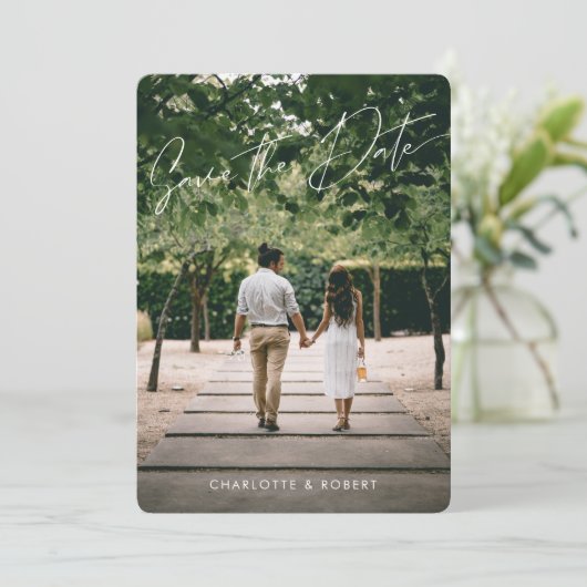 Save The Date Modern Script Photo Wedding Enregistrer la date Mo (Debout devant)