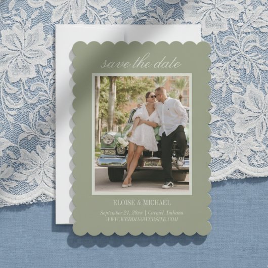 Save The Date Modern Script Sage Green Wedding Photo