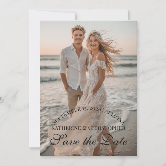Save The Date Modern Script Two Beach Photos Destination Wedding (Devant)