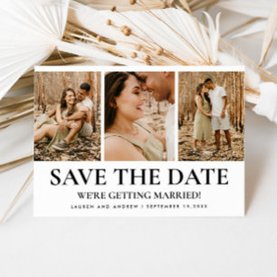 Save The Date Modern Simple Typography 3 Photo Collage Wedding