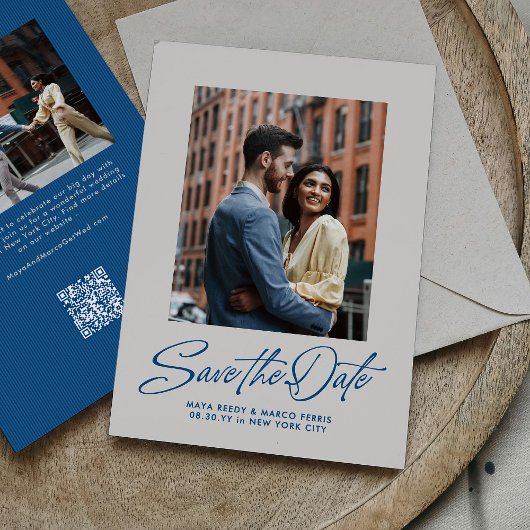 Save The Date Modern stylish blue script two photo
