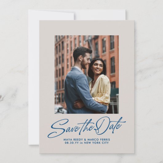 Save The Date Modern stylish blue script two photo (Devant)