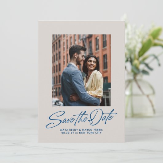 Save The Date Modern stylish blue script two photo (Debout devant)