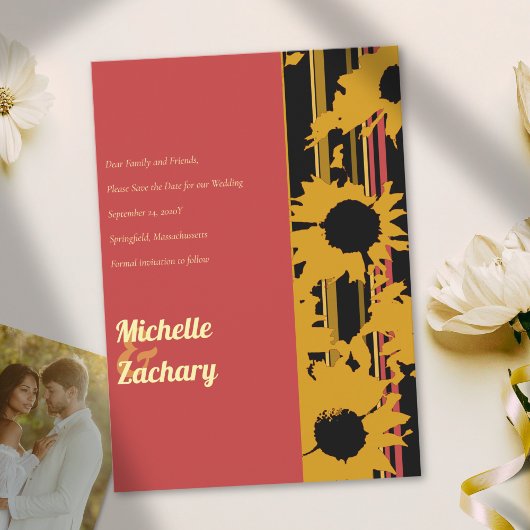 Save The Date Modern Sunflower Sunset Coral Gold Wedding