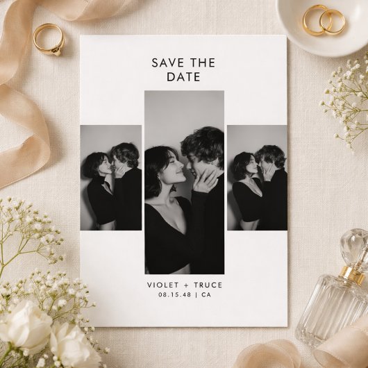 Save The Date Modern Three Photo Black and White Wedding