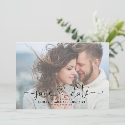 Save The Date Modern Vellum 2 Photo Heart Script Mariage Enregis (Debout devant)