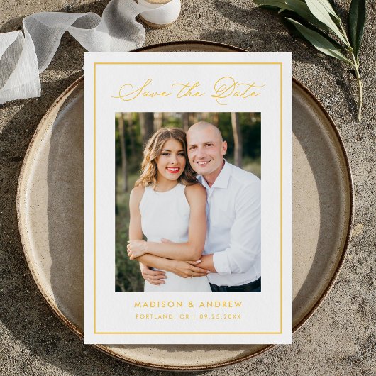 Save The Date Modern Yellow Border Script Photo Wedding