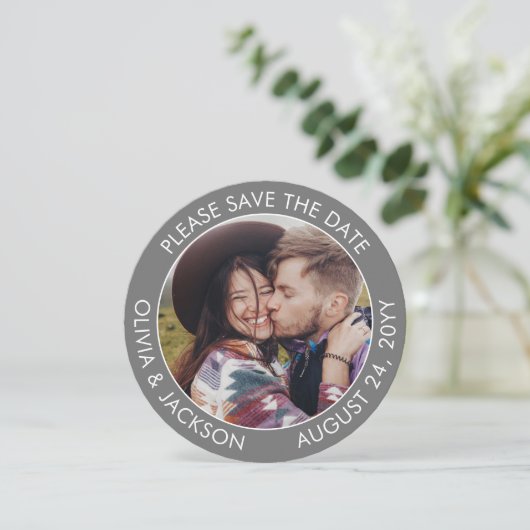 Save The Date Moderne 2 photo gris et blanc Mariage rond unique (Debout devant)
