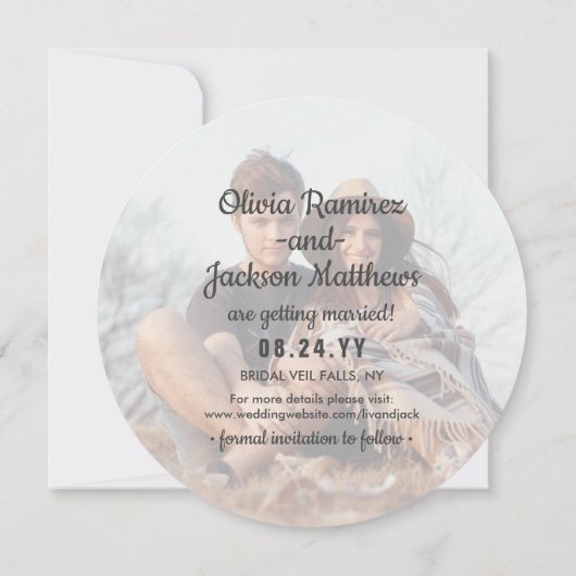 Save The Date Moderne 2 photo gris et blanc Mariage rond unique (Dos)