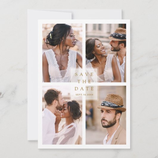 Save The Date Moderne 4 Photo Collage Gold Mariage (Devant)