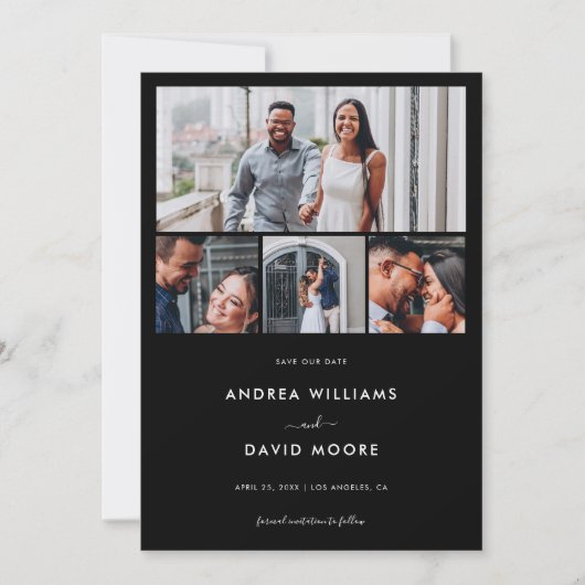 Save The Date Moderne 4 Photo Collage QR Code Mariage noir (Devant)